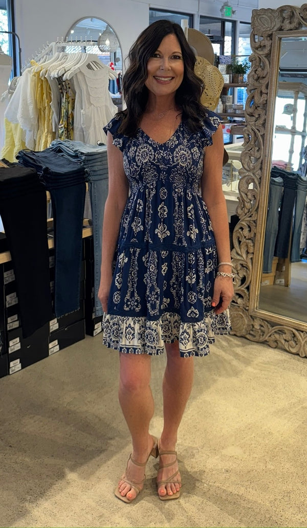 V-NECK SMOCKED BODICE DRESS - NAVY