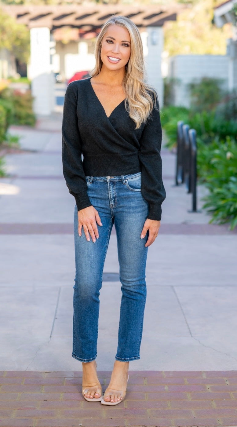 SURPLICE V-NECK SWEATER - BLACK