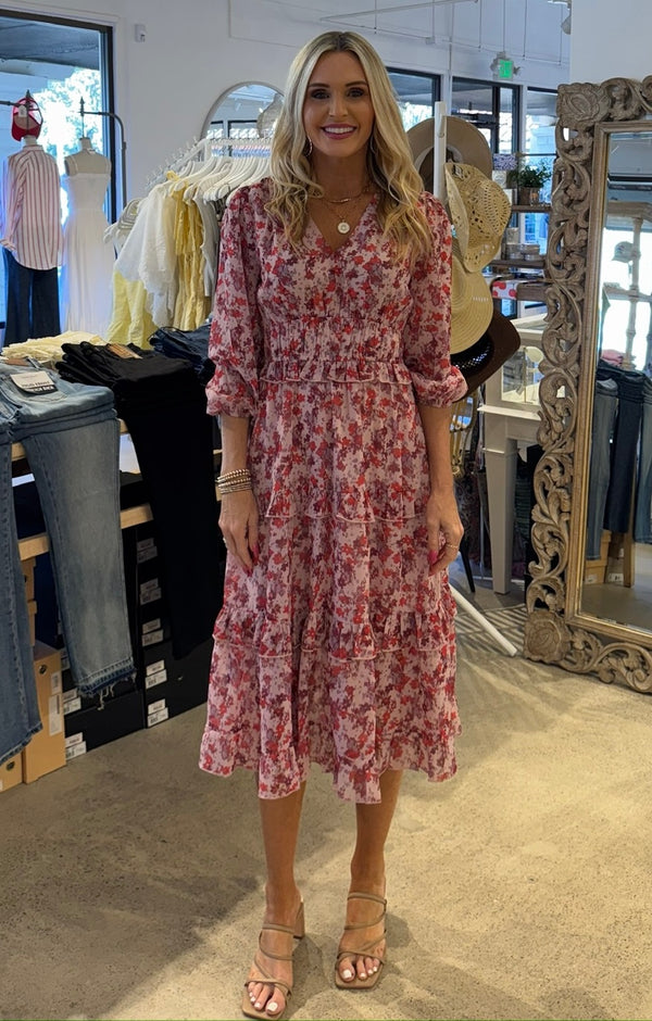 FLORAL PRINT TIERED MIDI DRESS - PINK MULTI