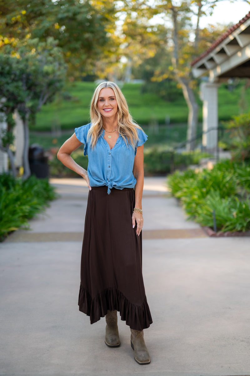 LAINEY RUFFLE MAXI SKIRT - CHOCOLATE BROWN