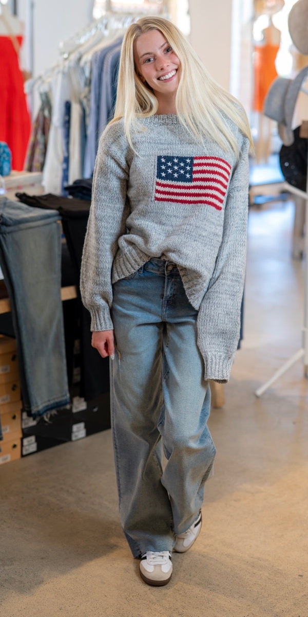 RIBBED AMERICAN FLAG SWEATER - MARLED GREY