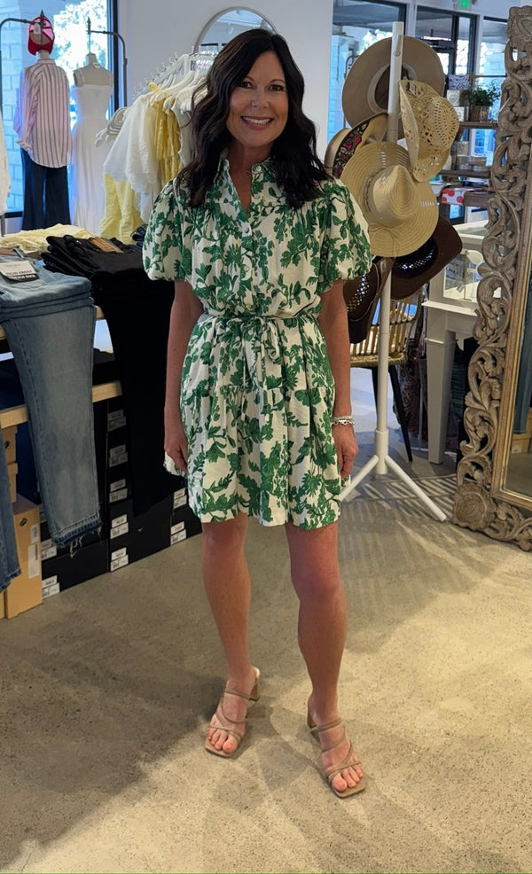 FLORAL PRINTED BUTTON DOWN MINI DRESS - GREEN