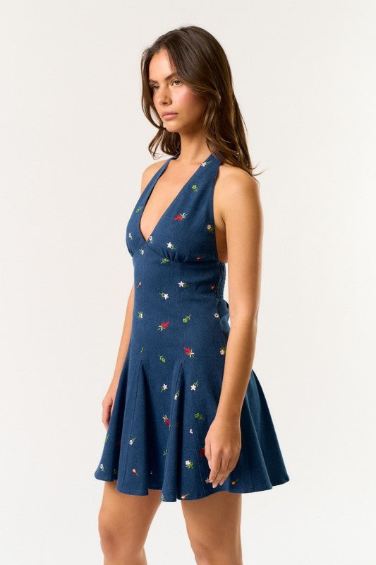 EMBROIDERED DENIM MINI DRESS - DARK DENIM