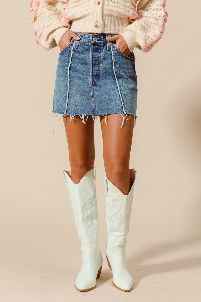 FRAYED HEM DENIM MINI SKIRT - DENIM