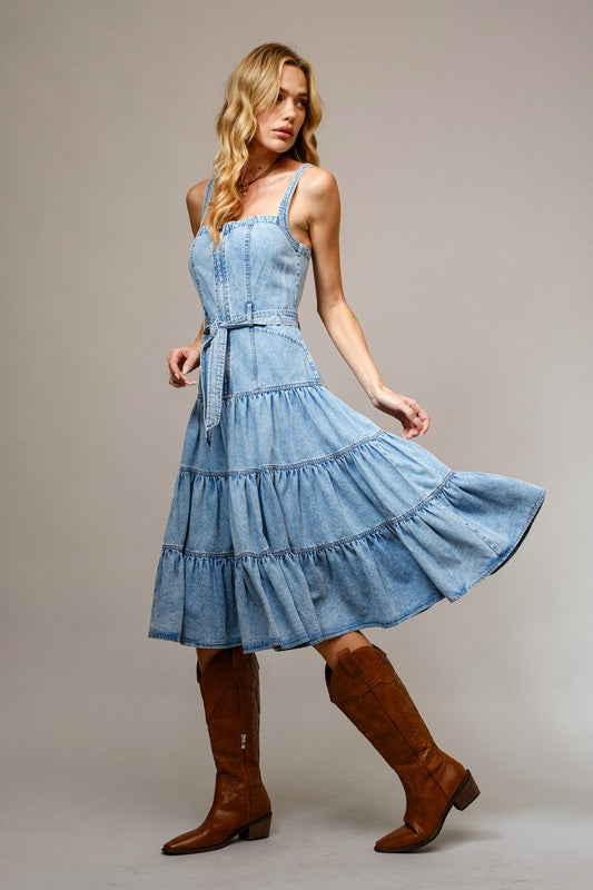 GARMENT WASHED TIERED MIDI DRESS - LIGHT DENIM