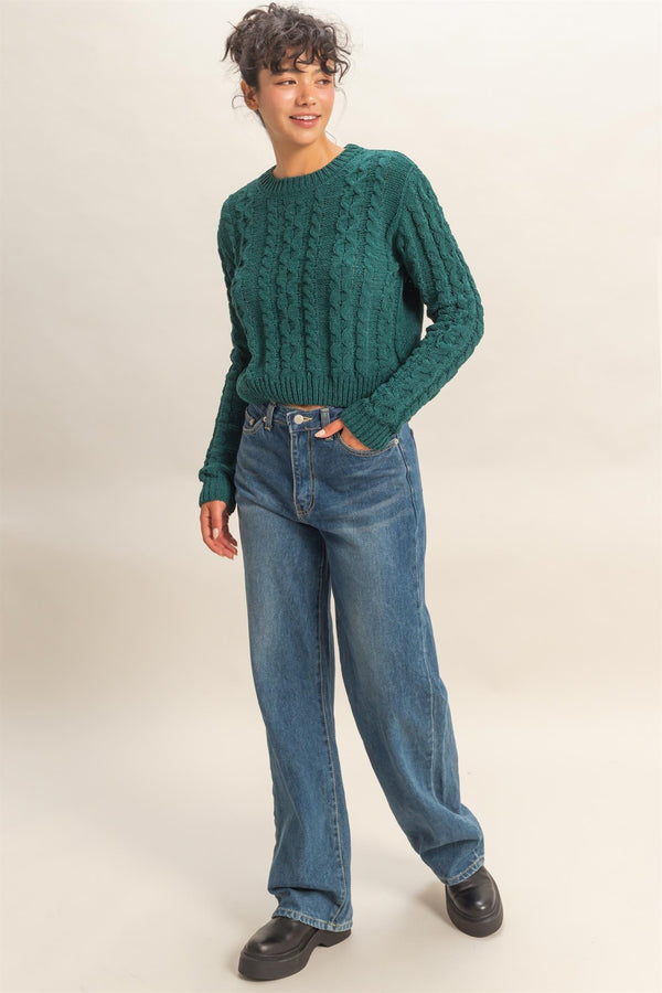 CABLE KNIT SWEATER - DARK GREEN