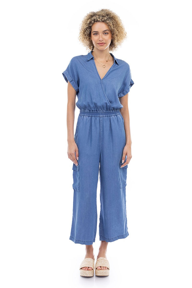 TENCEL SURPLICE CARGO JUMPSUIT - MEDIUM BUE