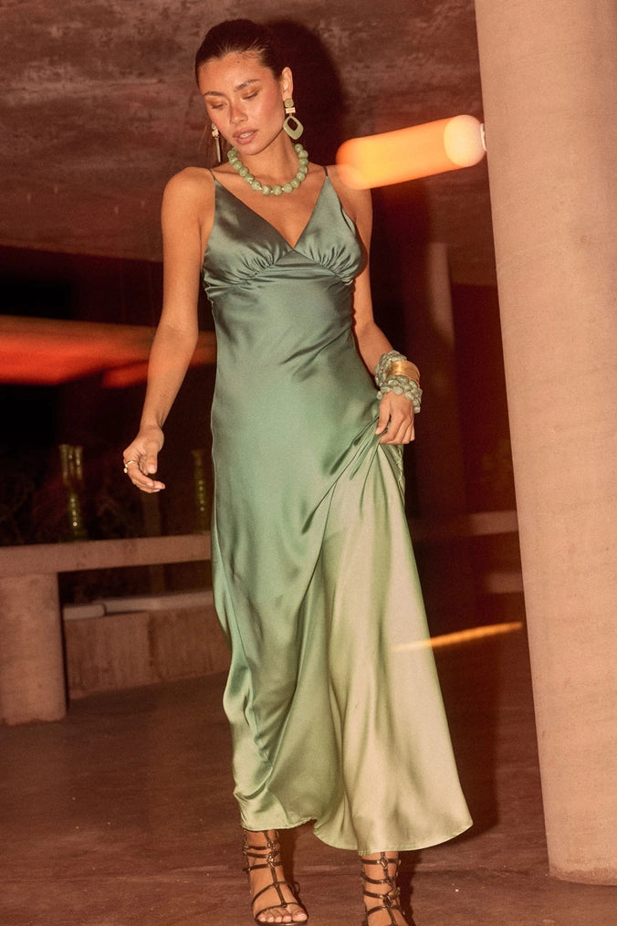 pine green dress OMBRE SATIN MAXI UK-Bridesmaid-1