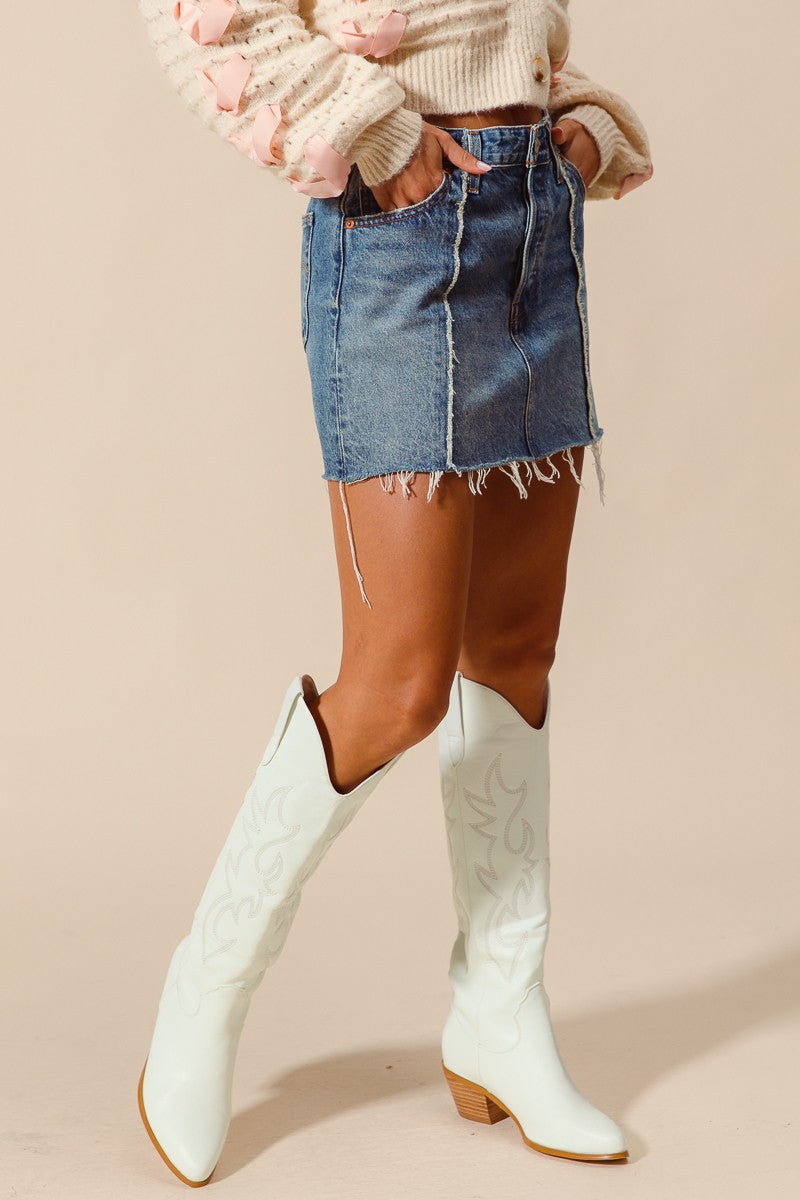 FRAYED HEM DENIM MINI SKIRT - DENIM