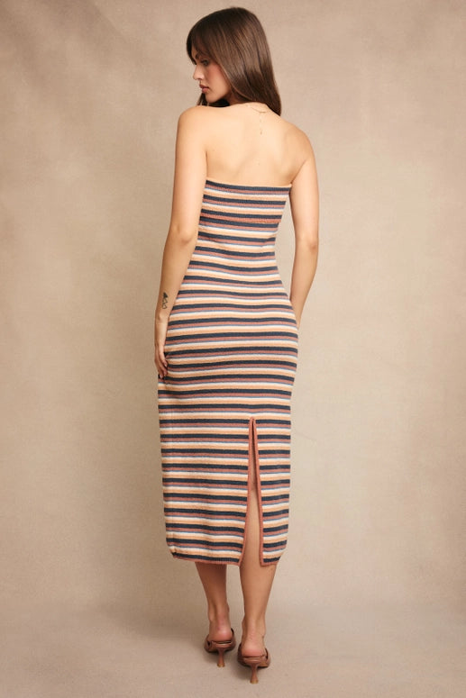 KNIT STRAPLESS MIDI DRESS SWEATER - TAN MULTI