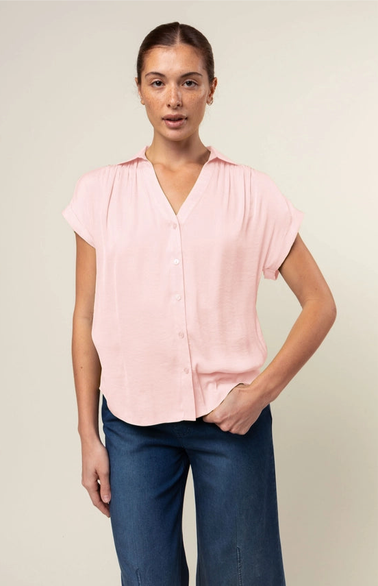 SHORT SLEEVE BUTTON FRONT BLOUSE - BABY PINK