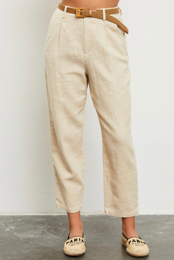 LINEN BLEND TROUSERS WITH BELT - NATURAL