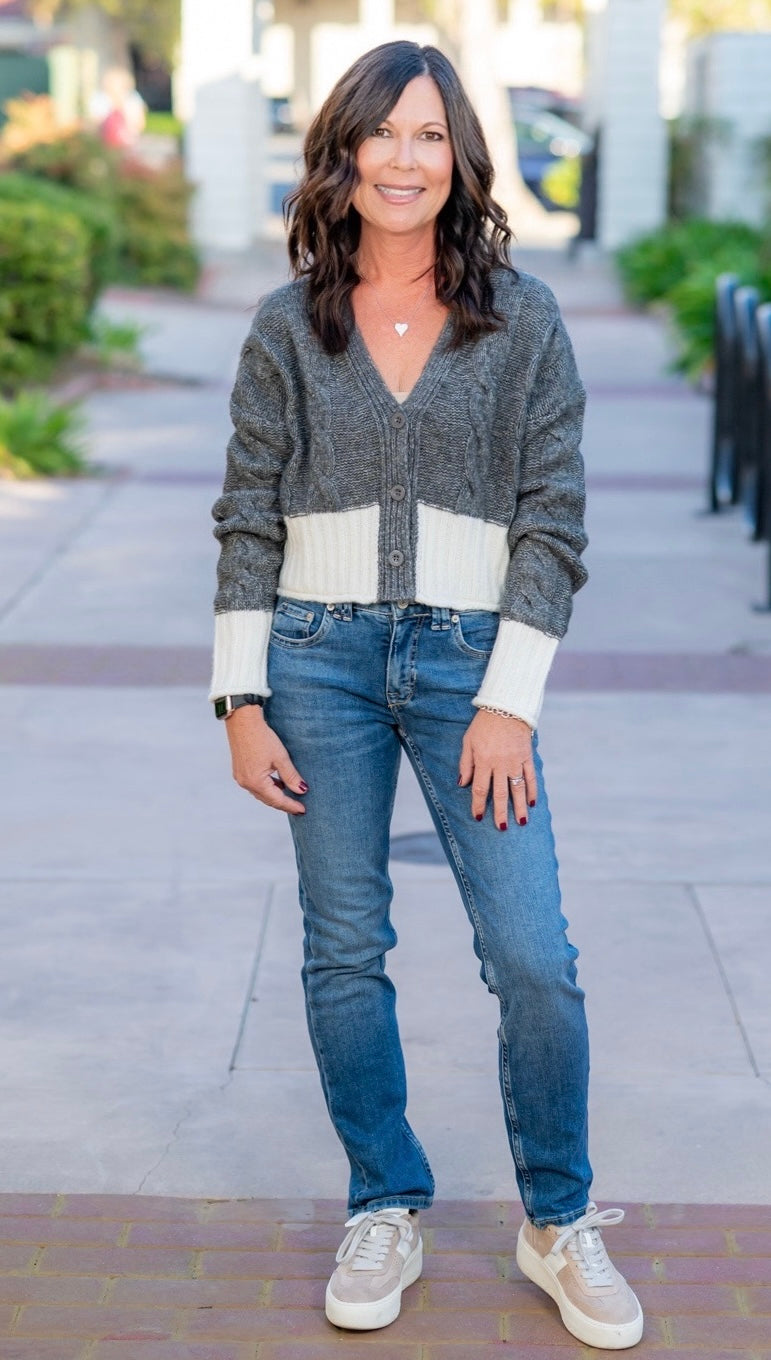 ELAN CARRIE SWEATER CARDIGAN - GREY WHITE COLOR BLOCK