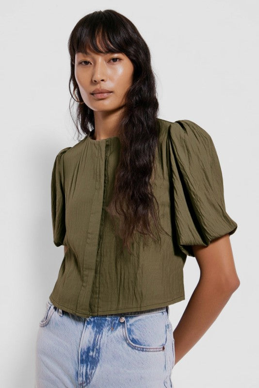 PUFF SLEEVE BUTTON UP BLOUSE - OLIVE