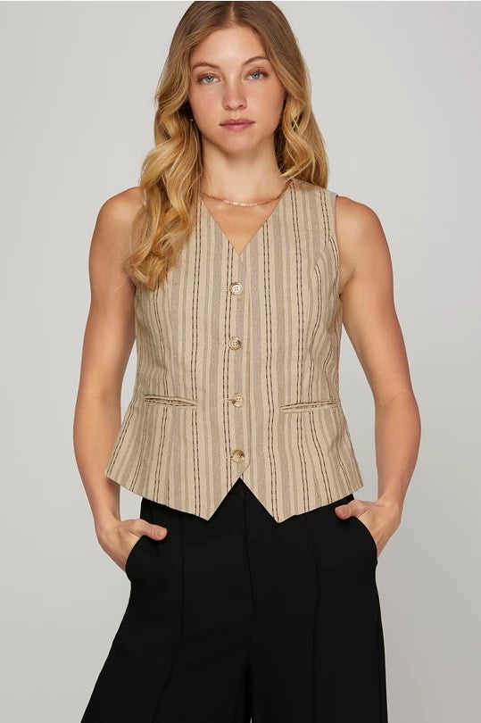 PINSTRIPE WOVEN VEST - NATURAL