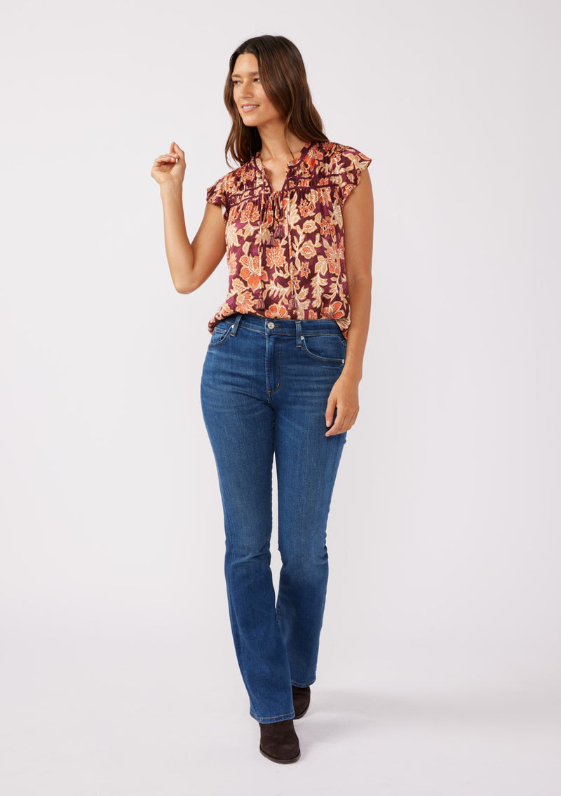 AMBER FIELDS FLUTTER SLEEVE TOP - WINE/DUSTY ROSE