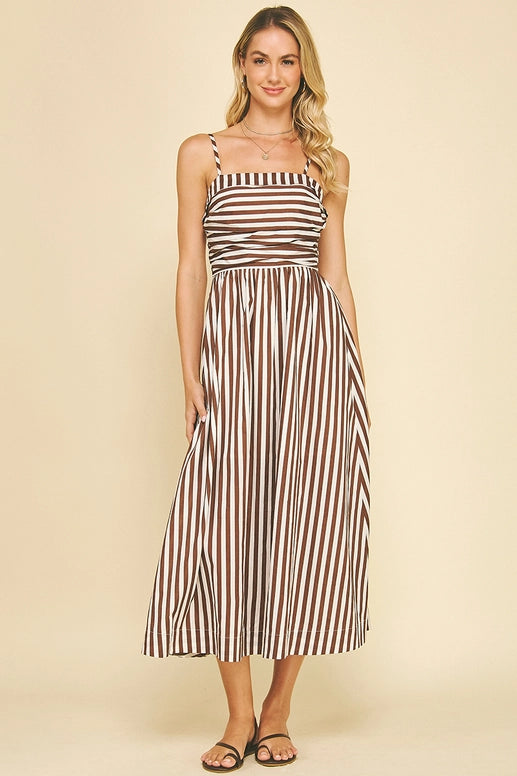 STRIPED MIDI DRESS - BROWN