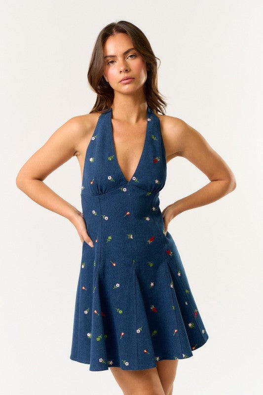 EMBROIDERED DENIM MINI DRESS - DARK DENIM