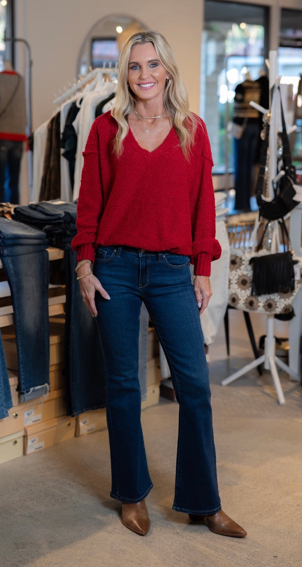 REVERSE SEAM BOUCLE KNIT SWEATER - RED