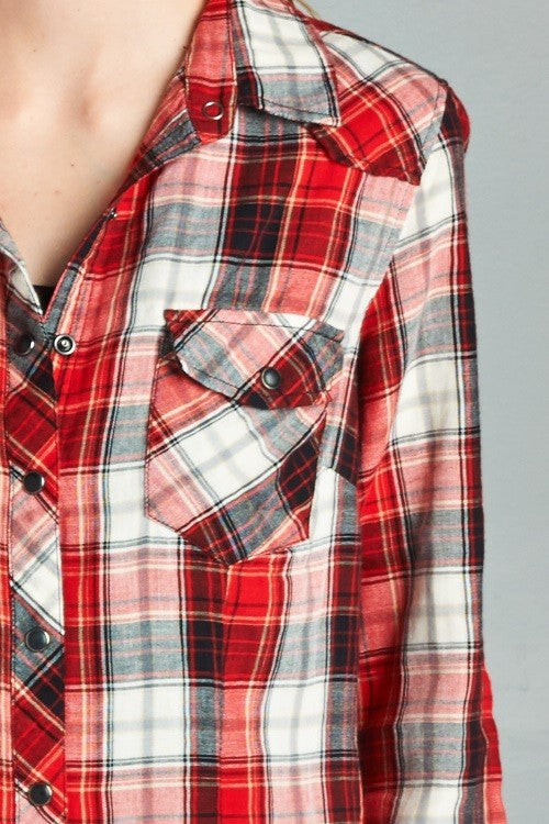 SNAP FRONT PLAID SHIRT - RED/BLACK