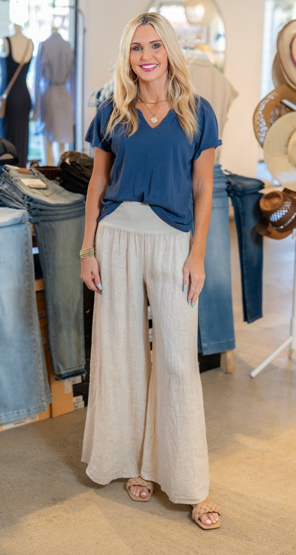 WIDE LEG LINEN PANTS - BEIGE