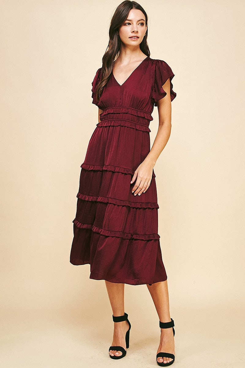 V-NECK TIERED MAXI DRESS - PLUM