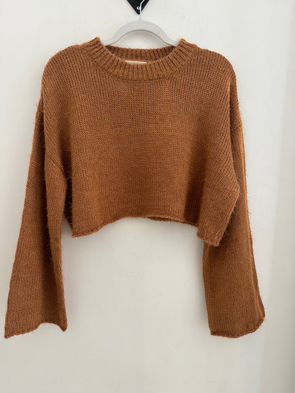 CROPPED BELL SLEEVE SWEATER - COFFEE