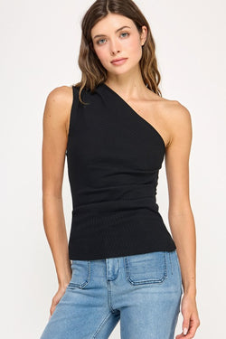 STRETCHY ONE SHOULDER  RIBBED TOP - BLACK