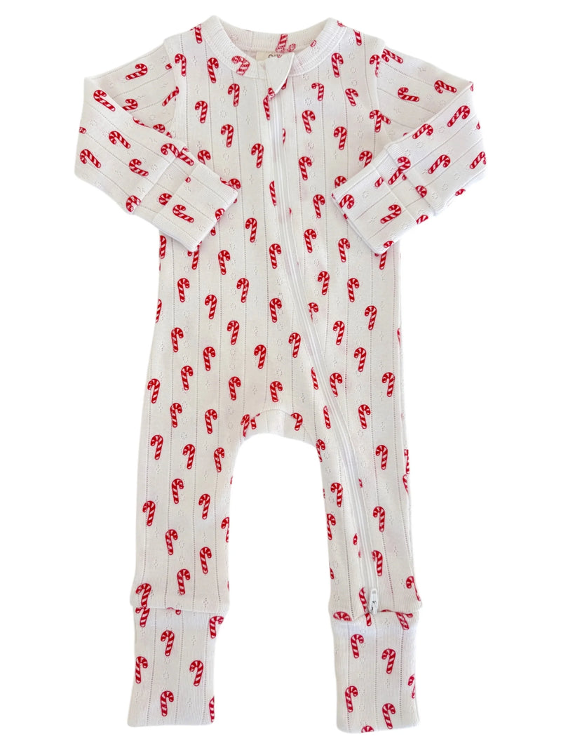 ORGANIC POINTELLE 2-WAY ZIP ROMPER - CANDY CANE