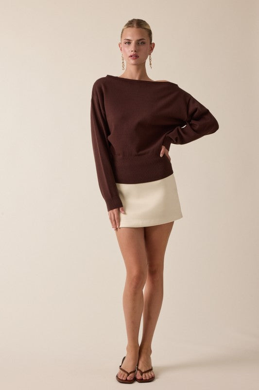 ONE SHOULDER KNIT SWEATER - DARK BROWN