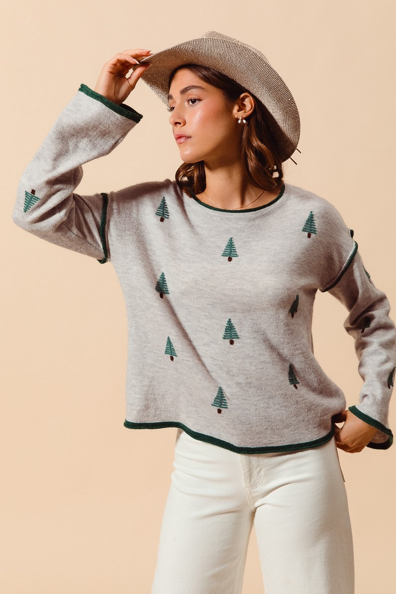 CHRISTMAS TREE EMBROIDERED SWEATER - HEATHER GREY