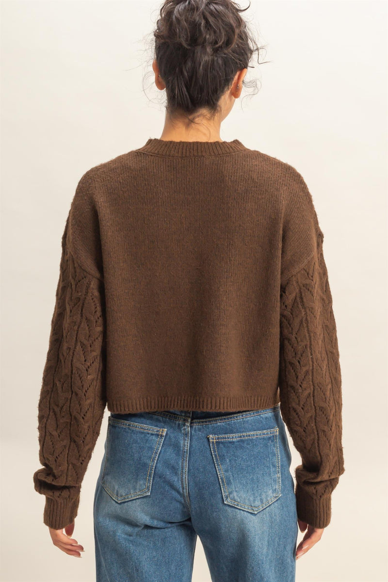 CROPPED OPEN KNIT SWEATER - CHESTNUT