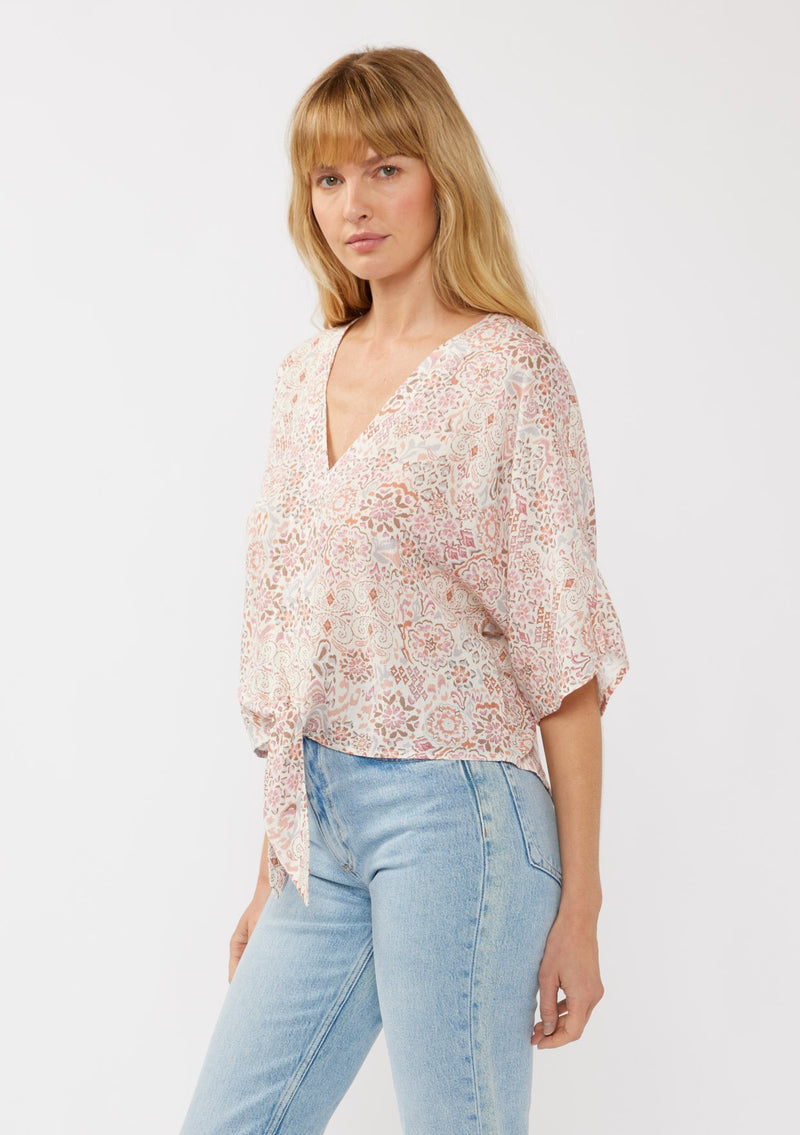 KIMONO TIE FRONT TOP - NATURAL/DUSTY PINK