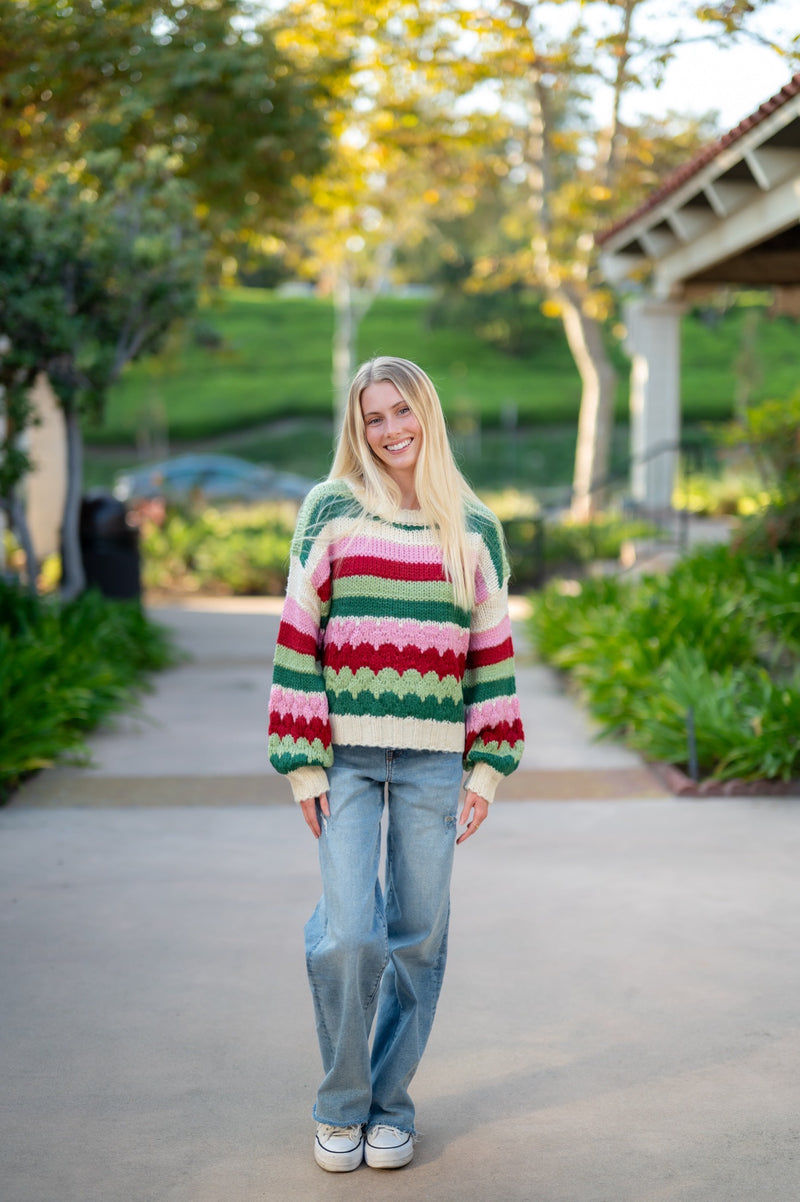 STRIPED CREWNECK SWEATER - GREEN/RED/PINK