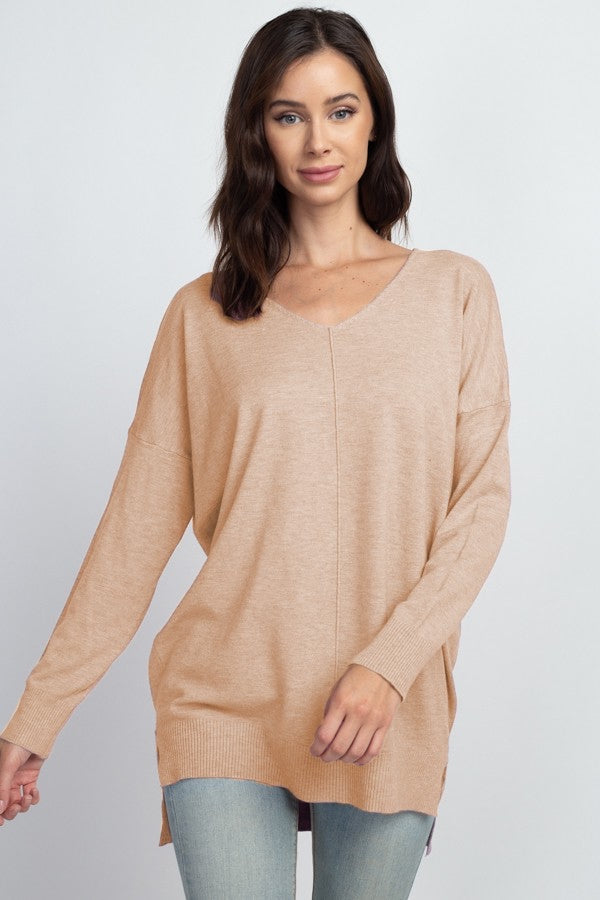 V-NECK SWEATER WITH FRONT SEAM DETAIL - H LIGHT TAUPE