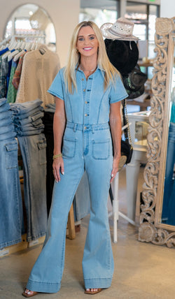 DENIM FLARED JUMPSUIT - LIGHT DENIM