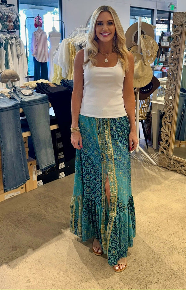 BOHO FRONT SLIT MAXI SKIRT - TEAL/BLUE