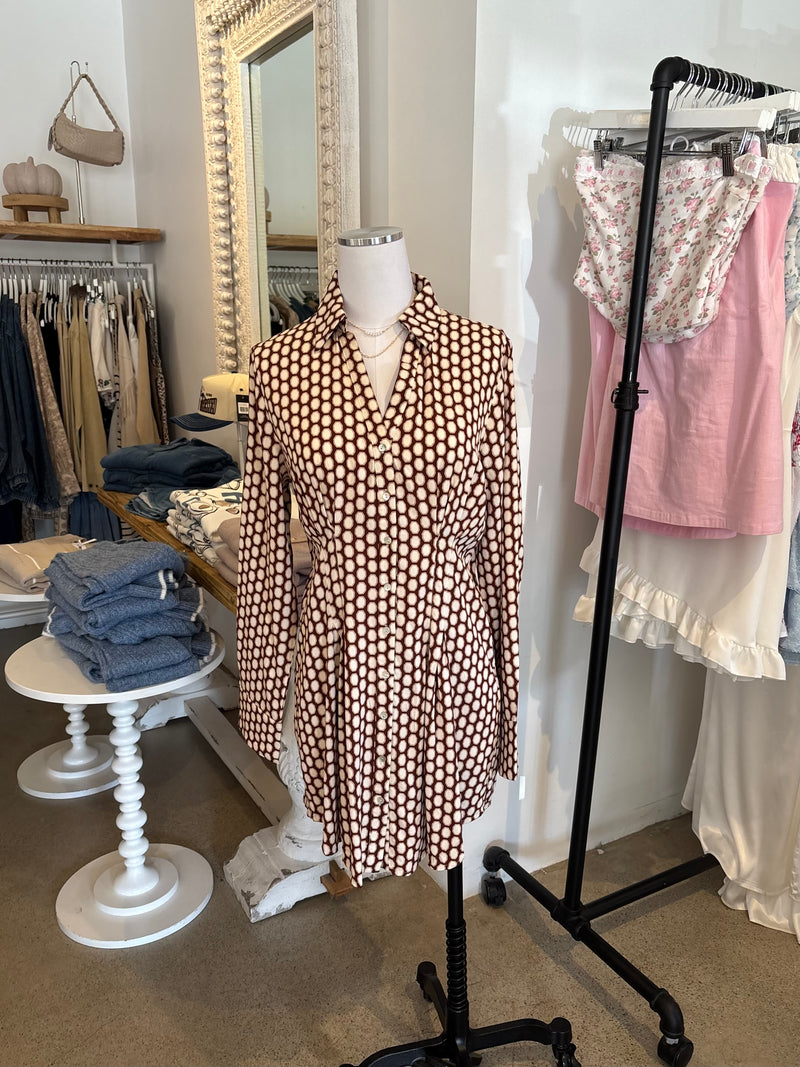 LONG SLEEVE SHIRT DRESS - BROWN/CREAM