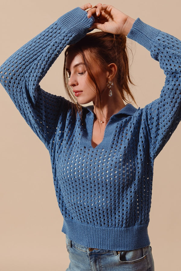 OPEN KNIT POLO SWEATER  - DENIM