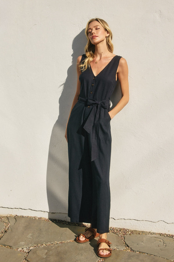 BUTTON DOWN BELTED JUMPSUIT - BLACK