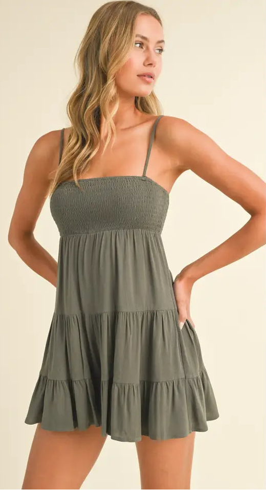 SMOCKED TIERED FLOWY ROMPER - OLIVE