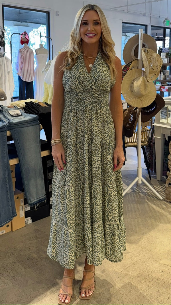 TIERED HALTER MAXI DRESS - GREEN/CREAM
