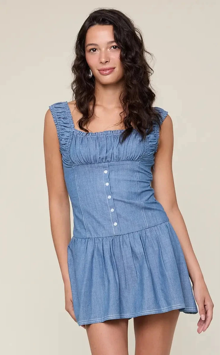WIDE STRAP CASUAL MINI DRESS - WASHED BLUE