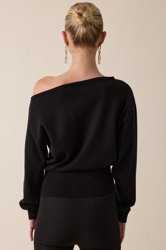 ONE SHOULDER KNIT SWEATER - BLACK