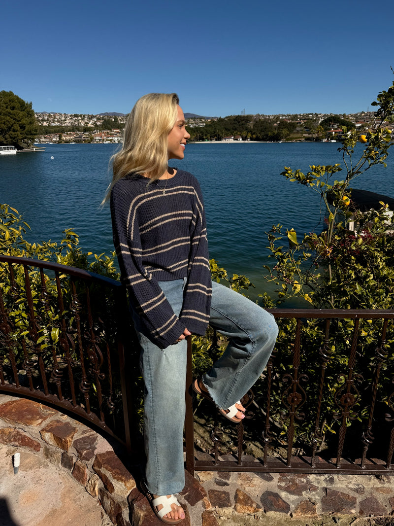 DOUBLE STRIPED OPEN KNIT SWEATER - NAVY/CREAM