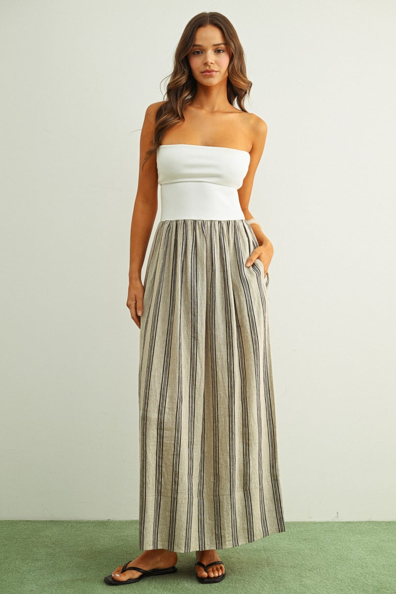khaki strapless dress STRIPED MAXI Medieval Celtic dress Beautiful Rare 70s Fine 3% Spandex SIZE:M/44