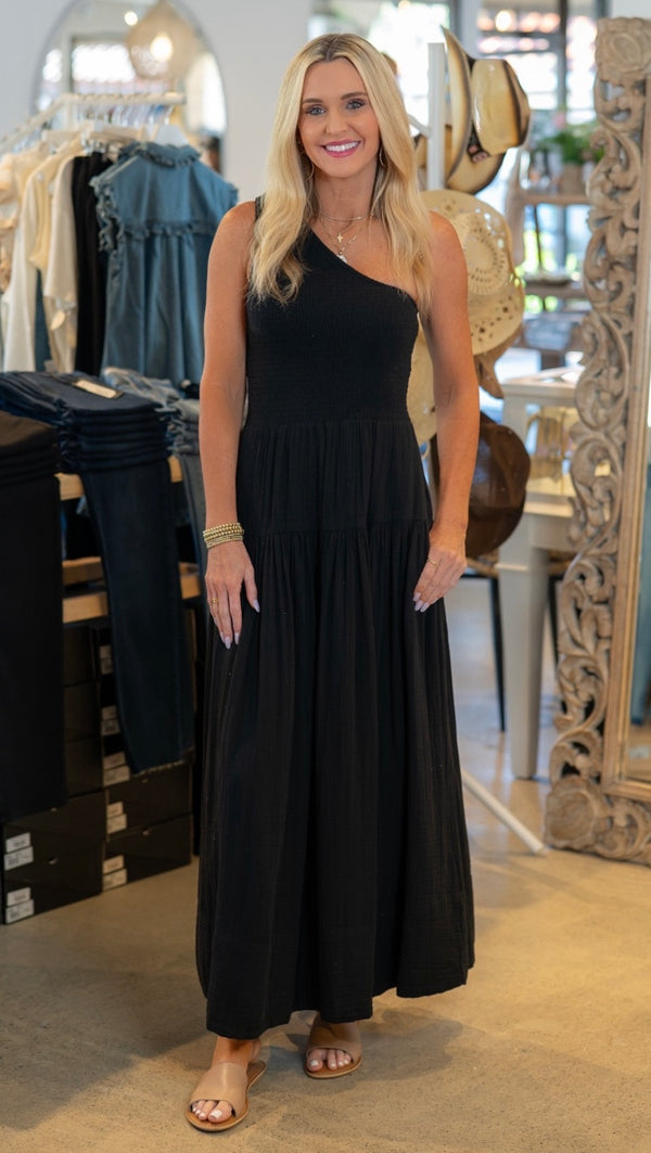 ELAN ONE SHOULDER MIDI DRESS - BLACK