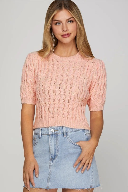 SHORT SLEEVE CABLE KNIT SWEATER TOP - PINK