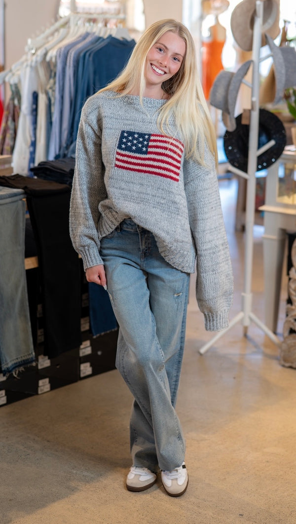 RIBBED AMERICAN FLAG SWEATER - MARLED GREY