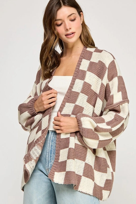 CHECKERED DROPPED SHOULDER CARDIGAN - WHITE/MINK
